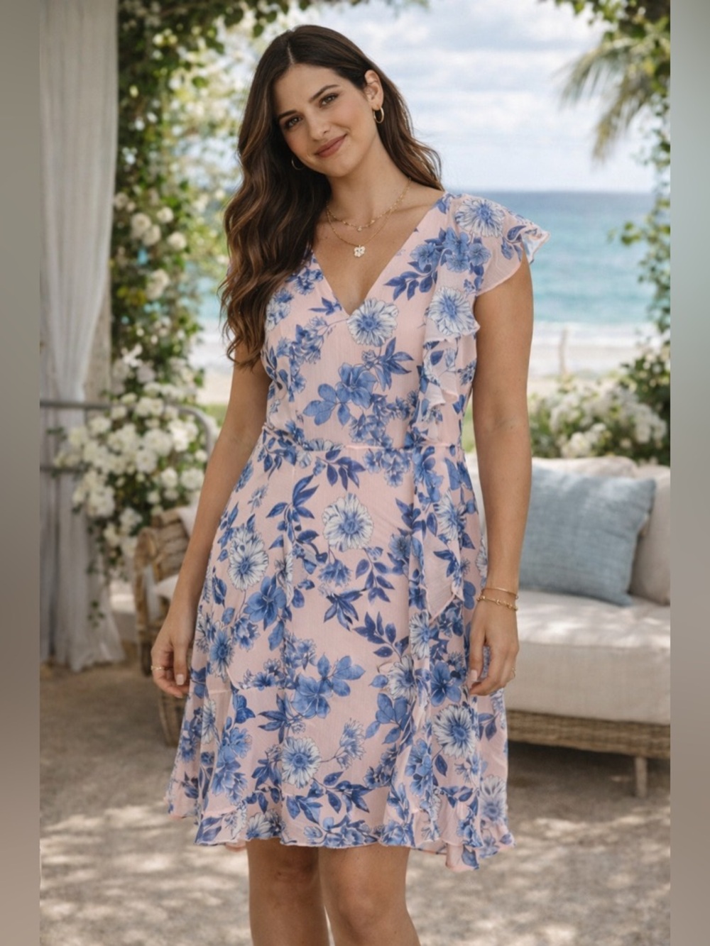 🔥Tommy Hilfiger Pink & Blue Floral Ruffle Dress | Feminine Resort Chic Flowy Min